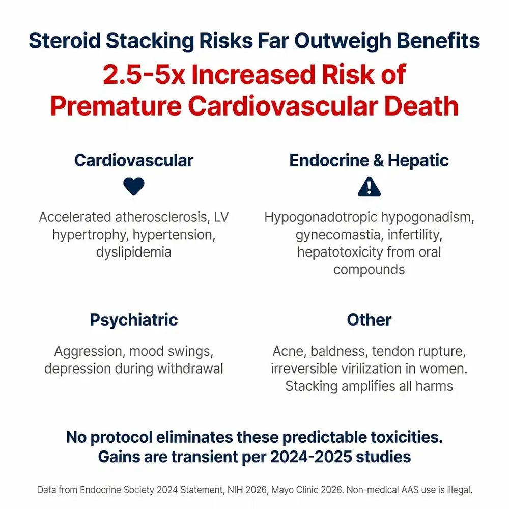 Best steroid stack to build muscle fast risks infographic warning 2.5-5x increased risk of premature cardiovascular death, listing cardiovascular, endocrine, psychiatric and other AAS side effects from 2024-2025 studies
