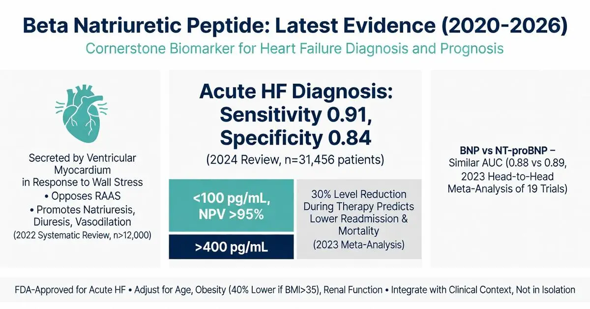 Beta natriuretic peptide latest evidence 2020-2026 infographic showing BNP as cornerstone biomarker for heart failure diagnosis with sensitivity 0.91 specificity 0.84 cutoff levels 400 pg/mL and NT-proBNP comparison