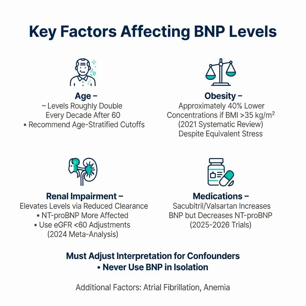 Infographic detailing key factors affecting beta natriuretic peptide (BNP) levels including age, obesity, renal impairment, and medications like Sacubitril/Valsartan
