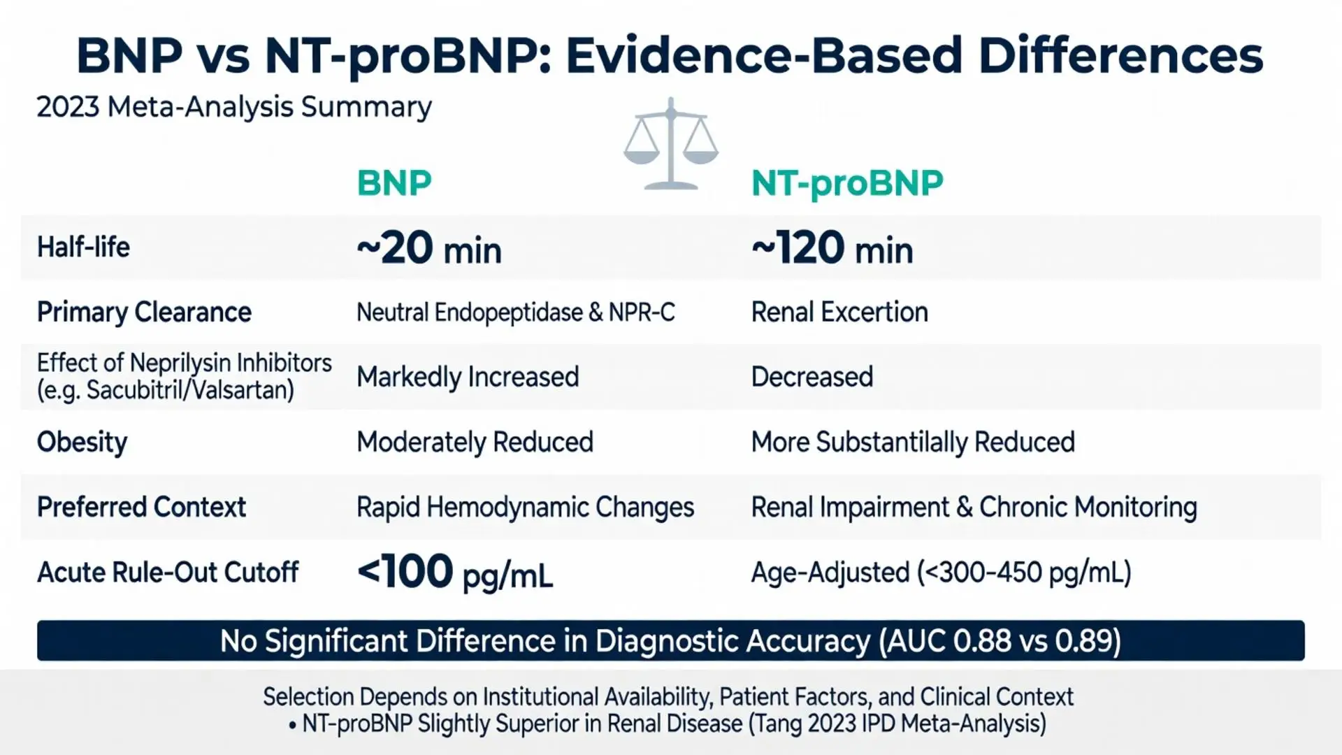 Beta natriuretic peptide (BNP) vs NT-proBNP evidence-based differences chart from 2023 meta-analysis showing half-life, clearance, neprilysin inhibitors effect, obesity impact, preferred contexts and acute rule-out cutoffs