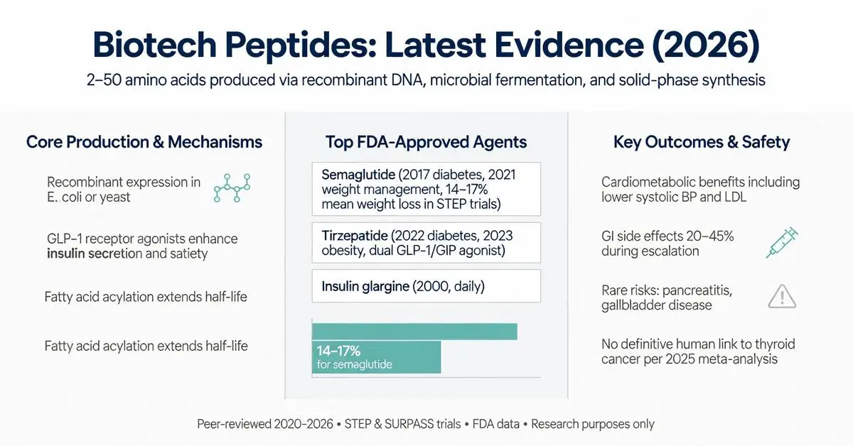 Biotech peptides latest evidence 2026 infographic showing FDA-approved agents like semaglutide and tirzepatide, production mechanisms, cardiometabolic benefits and safety data