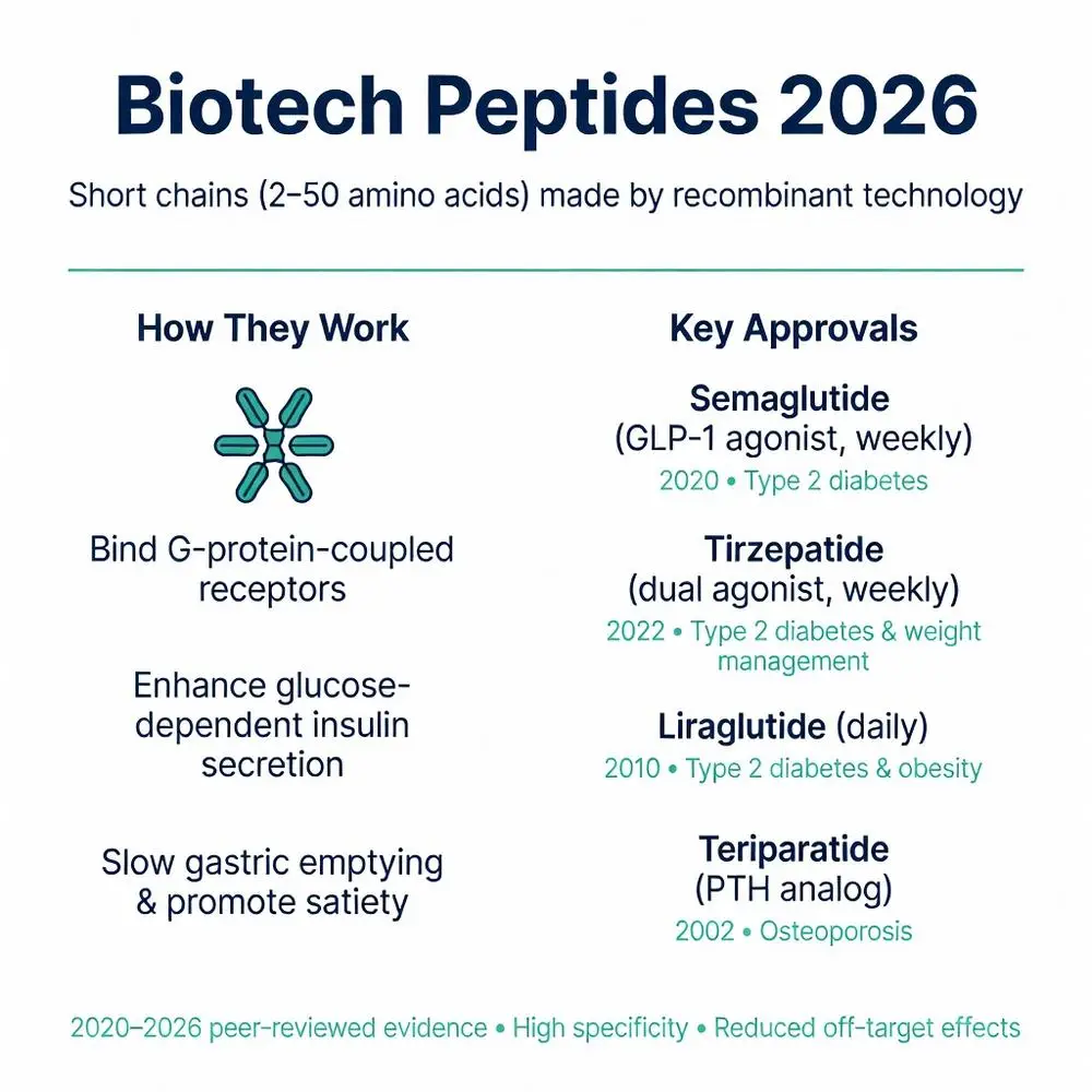Biotech peptides 2026 infographic showing how short-chain peptides made by recombinant technology bind G-protein-coupled receptors, enhance insulin secretion, slow gastric emptying, and key approvals for semaglutide, tirzepatide, liraglutide and teriparatide