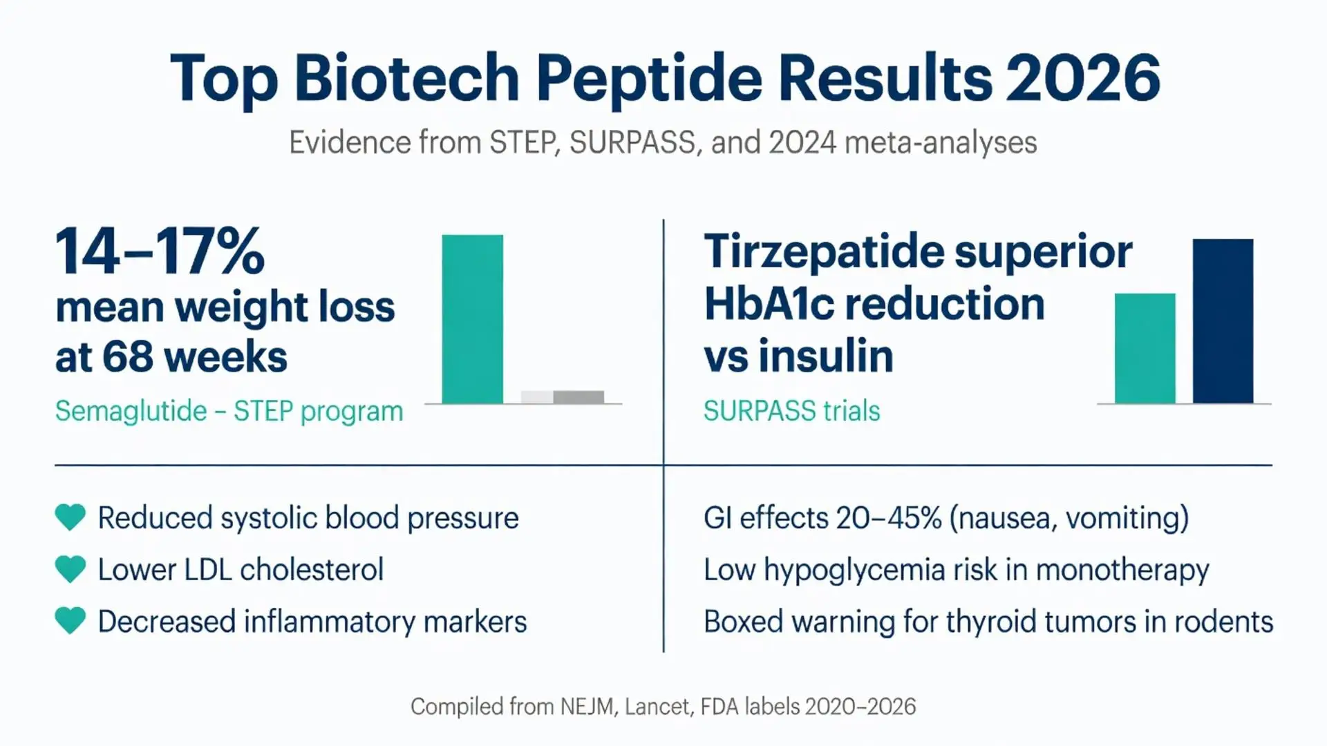 Biotech peptides results 2026 infographic showing 14-17% weight loss with semaglutide and tirzepatide superior HbA1c reduction from STEP SURPASS trials