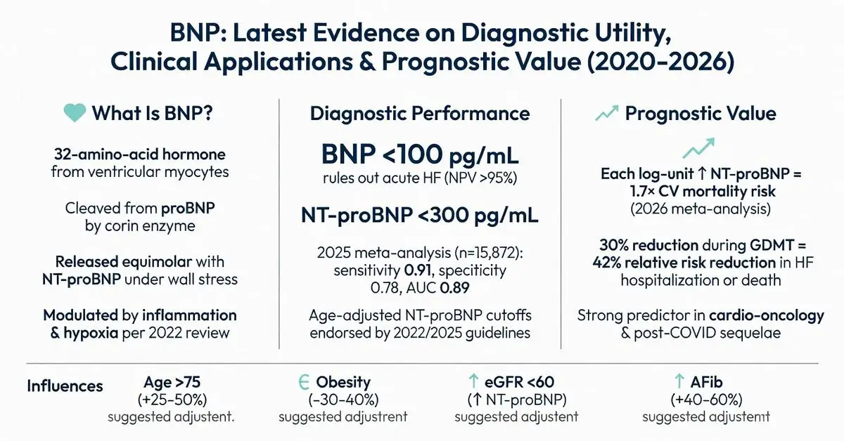 B type natriuretic peptide BNP infographic showing latest 2020-2026 evidence on diagnostic utility, NT-proBNP cutoffs, prognostic value and heart failure applications