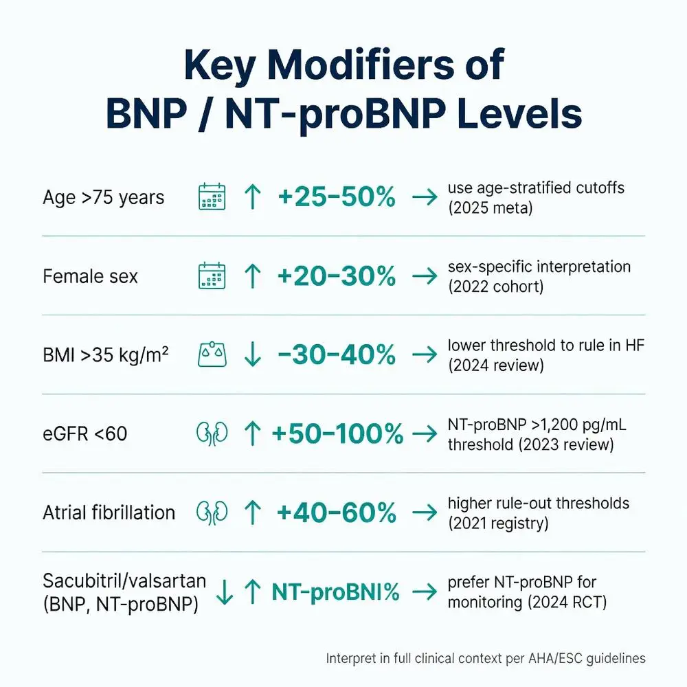 Key modifiers of b type natriuretic peptide BNP and NT-proBNP levels infographic showing age sex BMI eGFR atrial fibrillation and medication effects with percentage changes