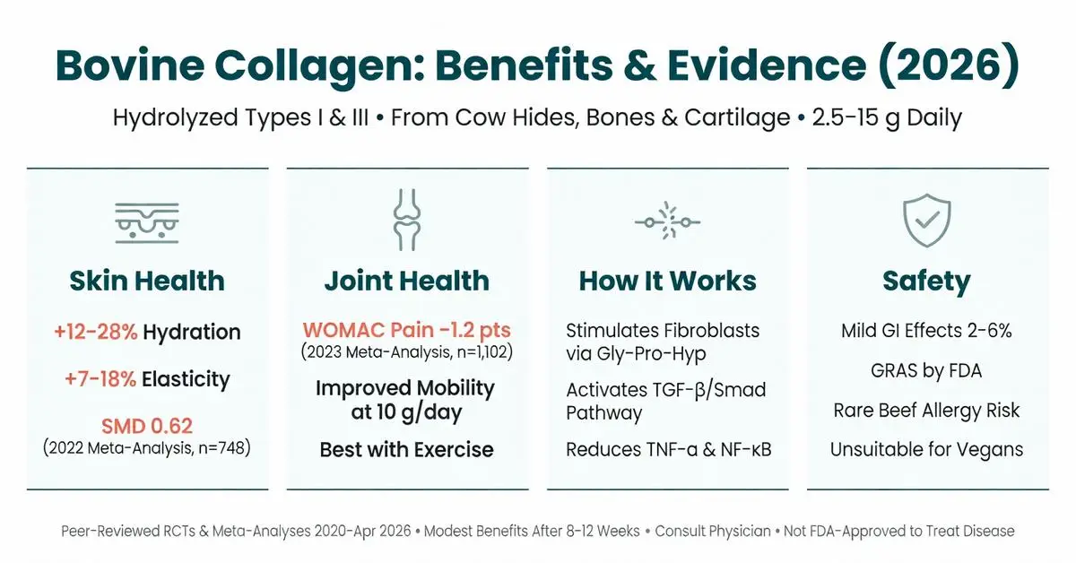 Bovine collagen benefits and evidence 2026 infographic showing skin hydration, elasticity improvements, joint pain reduction, mechanism of action via Gly-Pro-Hyp, and safety data from peer-reviewed RCTs and meta-analyses