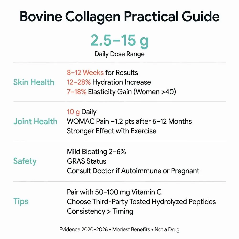 Bovine collagen practical guide infographic: 2.5-15g daily dosage, skin health benefits with 12-28% hydration and 7-18% elasticity gains, joint pain relief, safety data, and expert tips