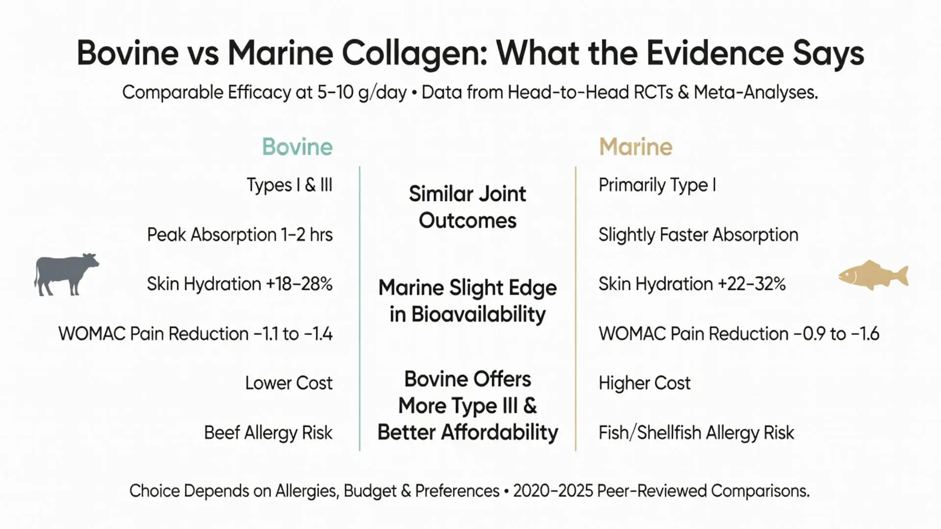 Bovine collagen vs marine collagen comparison infographic showing efficacy, absorption, skin hydration gains, WOMAC pain reduction, cost, allergy risks and head-to-head RCT data from 2020-2025
