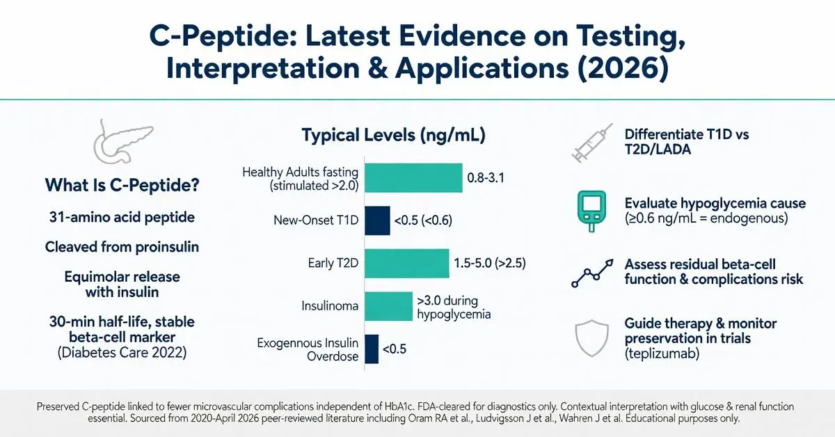 C peptide infographic 2026: typical levels ng/mL for healthy adults, new-onset T1D, early T2D, insulinoma, exogenous insulin overdose plus clinical applications for testing, diabetes differentiation and beta-cell function