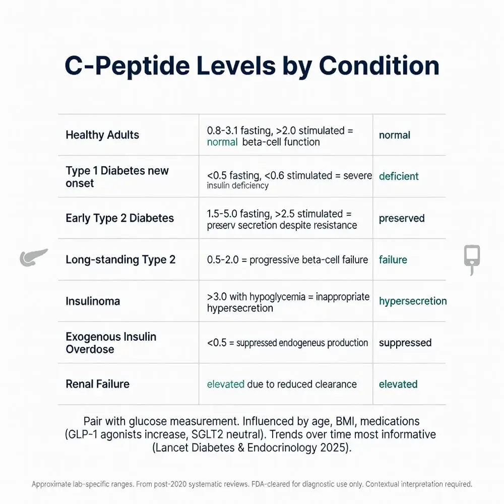 C-peptide levels by condition chart showing normal ranges for healthy adults, Type 1 diabetes, Type 2 diabetes, insulinoma, exogenous insulin and renal failure