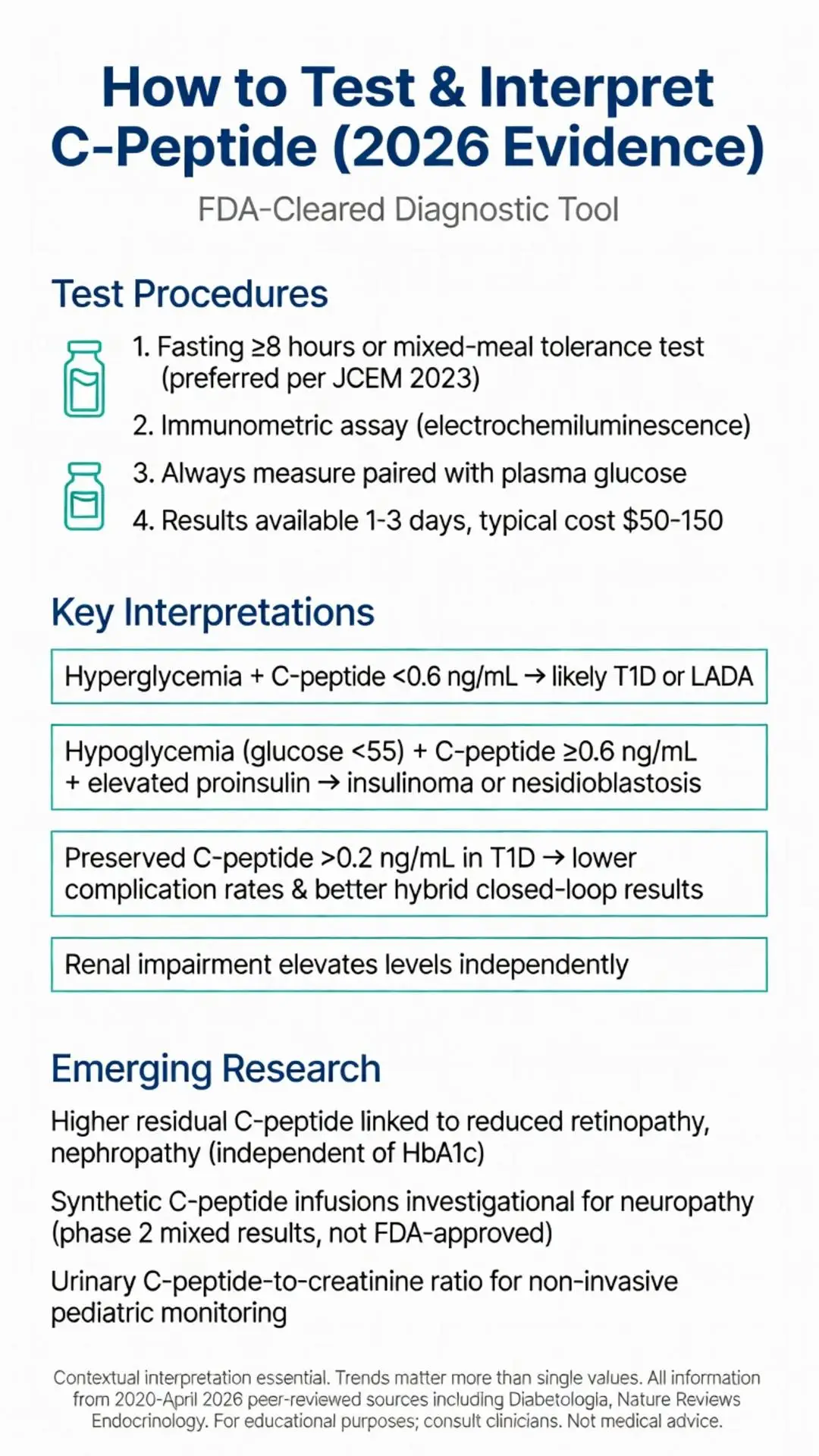 How to Test and Interpret C Peptide: 2026 Evidence infographic on FDA-cleared diagnostic tool, test procedures, key interpretations for T1D LADA insulinoma, preserved C-peptide benefits and emerging research