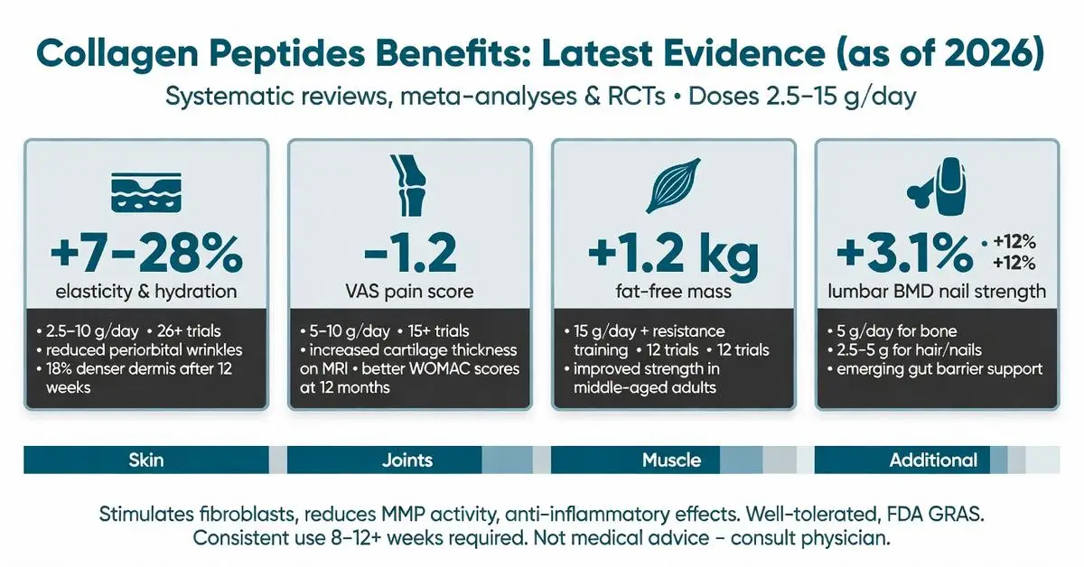Collagen peptides benefits infographic 2026 evidence: skin elasticity hydration joints pain relief muscle mass bone density from systematic reviews meta-analyses RCTs