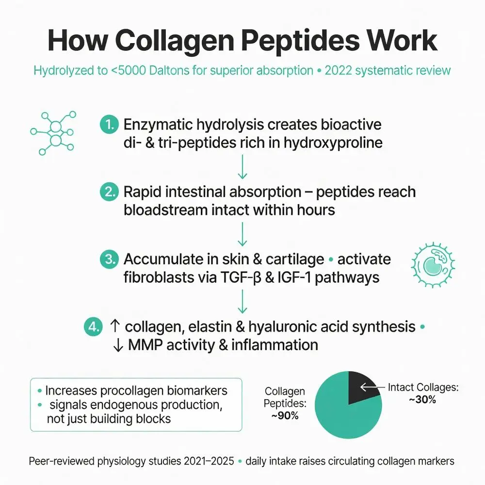 Infographic explaining collagen peptides benefits including rapid absorption, fibroblast activation via TGF-β & IGF-1, increased collagen elastin and hyaluronic acid synthesis, and reduced inflammation for skin and joint health