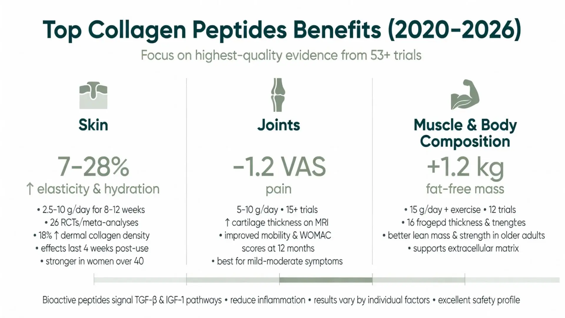 Collagen peptides benefits infographic 2020-2026 showing 7-28% skin elasticity gains, -1.2 VAS joint pain reduction, and +1.2kg fat-free muscle mass from 53+ clinical trials