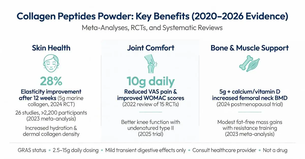 Collagen peptides powder benefits infographic 2020-2026 evidence showing 28% skin elasticity improvement, 10g daily for joint comfort, bone density support, meta-analyses and RCTs