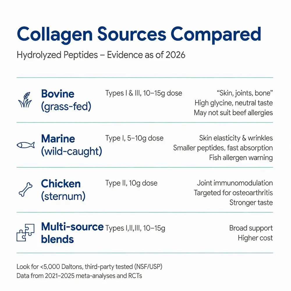 Collagen peptides powder sources compared infographic showing bovine grass-fed, marine wild-caught, chicken sternum, and multi-source blends with types, dosages, benefits for skin joints bone health as of 2026