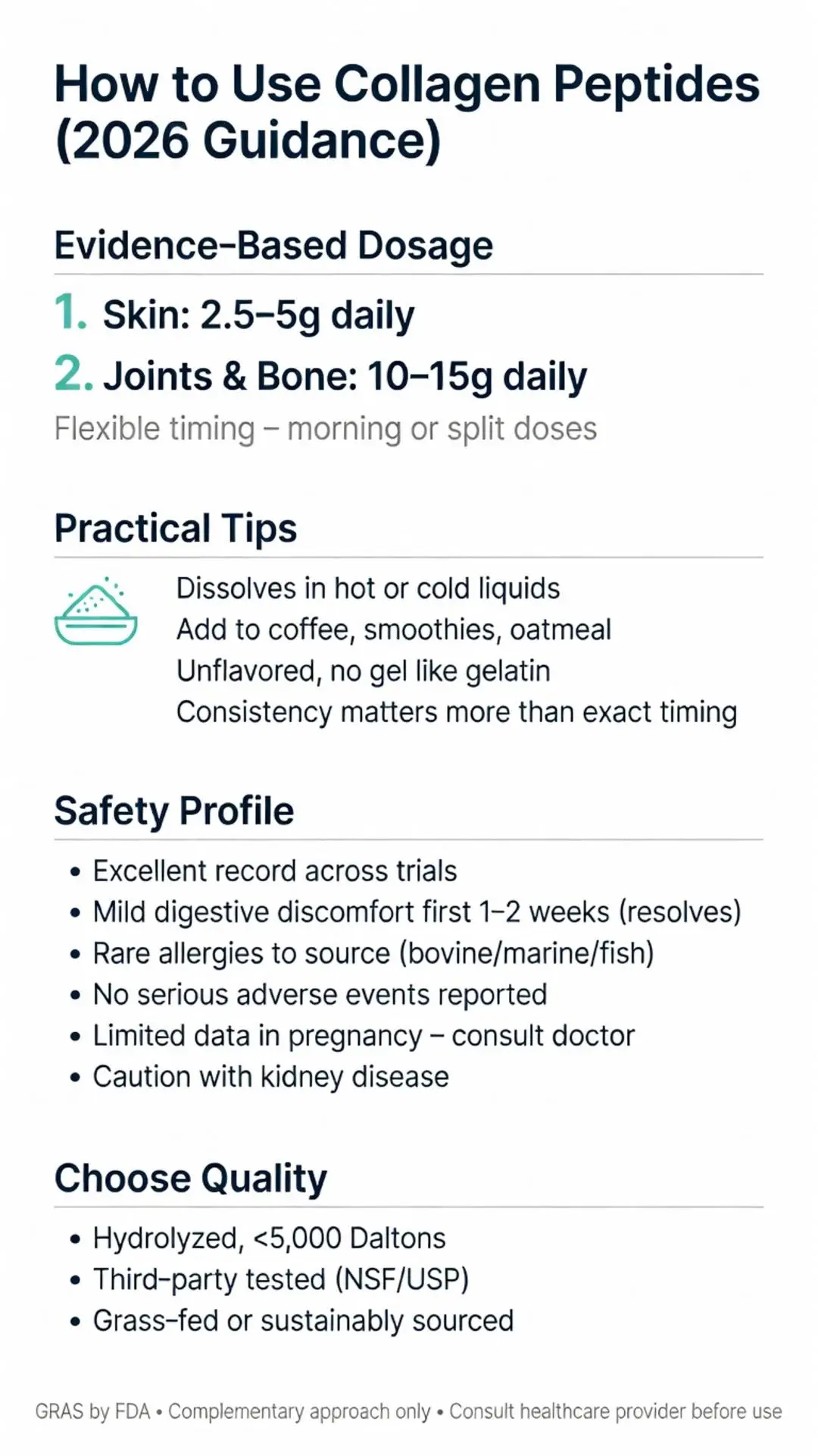 2026 evidence-based guide showing how to use collagen peptides powder including dosages for skin joints and bone, practical mixing tips, safety profile and quality standards