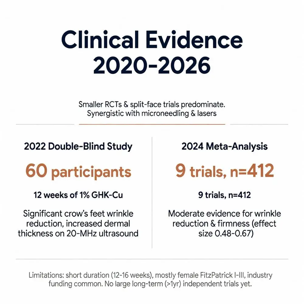 Clinical evidence 2020-2026 for copper peptides for skin including 2022 double-blind GHK-Cu study and 2024 meta-analysis showing wrinkle reduction and firmness