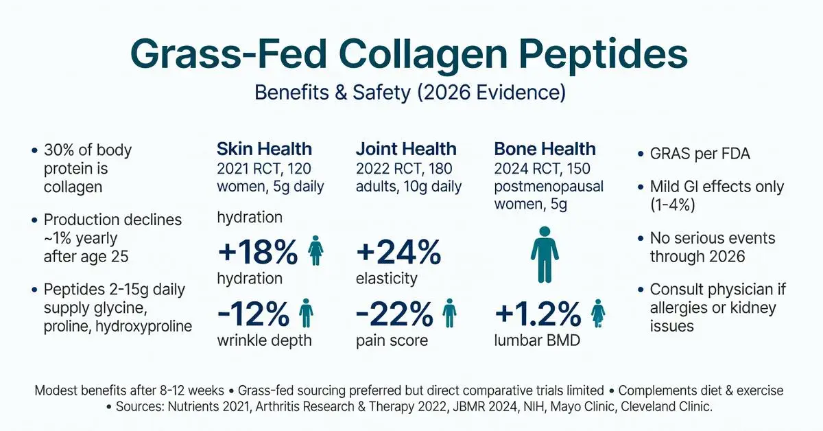 Grass fed collagen peptides benefits and safety infographic 2026 evidence showing skin hydration +18%, wrinkle depth -12%, joint elasticity +24%, pain score -22%, bone density +1.2% lumbar BMD from RCTs plus FDA GRAS status