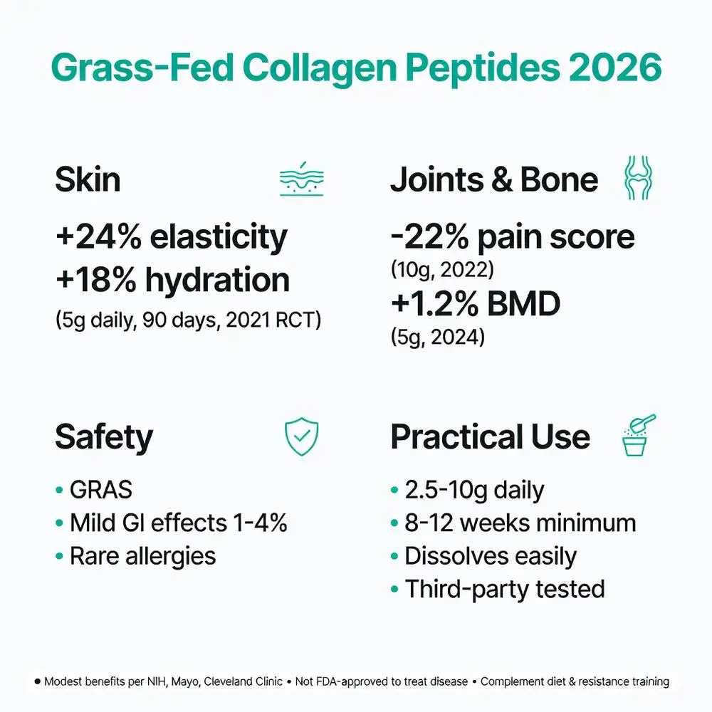 Grass fed collagen peptides 2026 infographic showing clinical benefits including +24% skin elasticity, +18% hydration, -22% joint pain score, +1.2% BMD, safety profile, and practical dosage guidelines