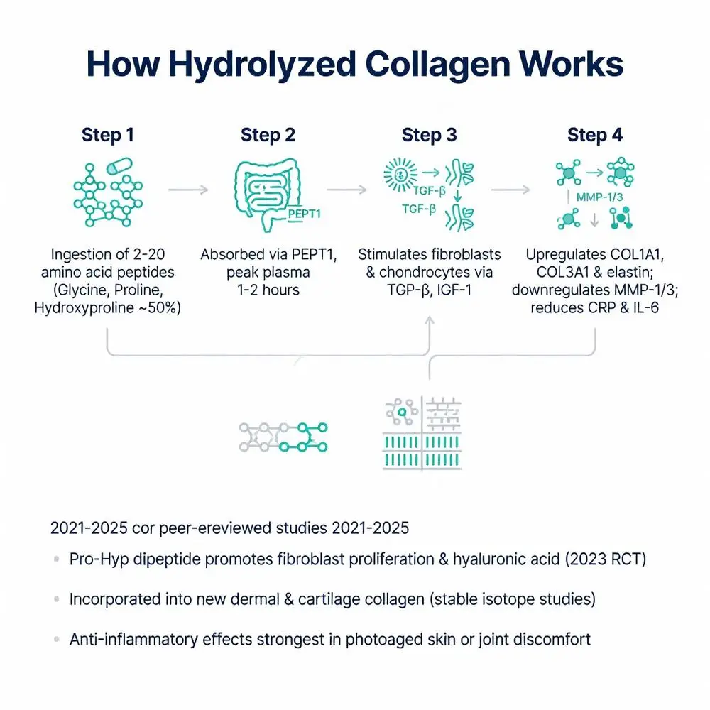How hydrolyzed collagen works: 4-step infographic showing ingestion of peptides, PEPT1 absorption, fibroblast stimulation via TGF-β, and upregulation of COL1A1 collagen production with 2021-2025 studies