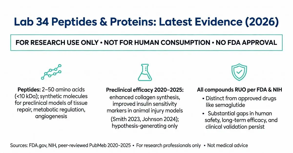 Lab 34 peptides and proteins latest evidence 2026 infographic detailing preclinical efficacy, research use only status per FDA and NIH, and synthetic peptide applications