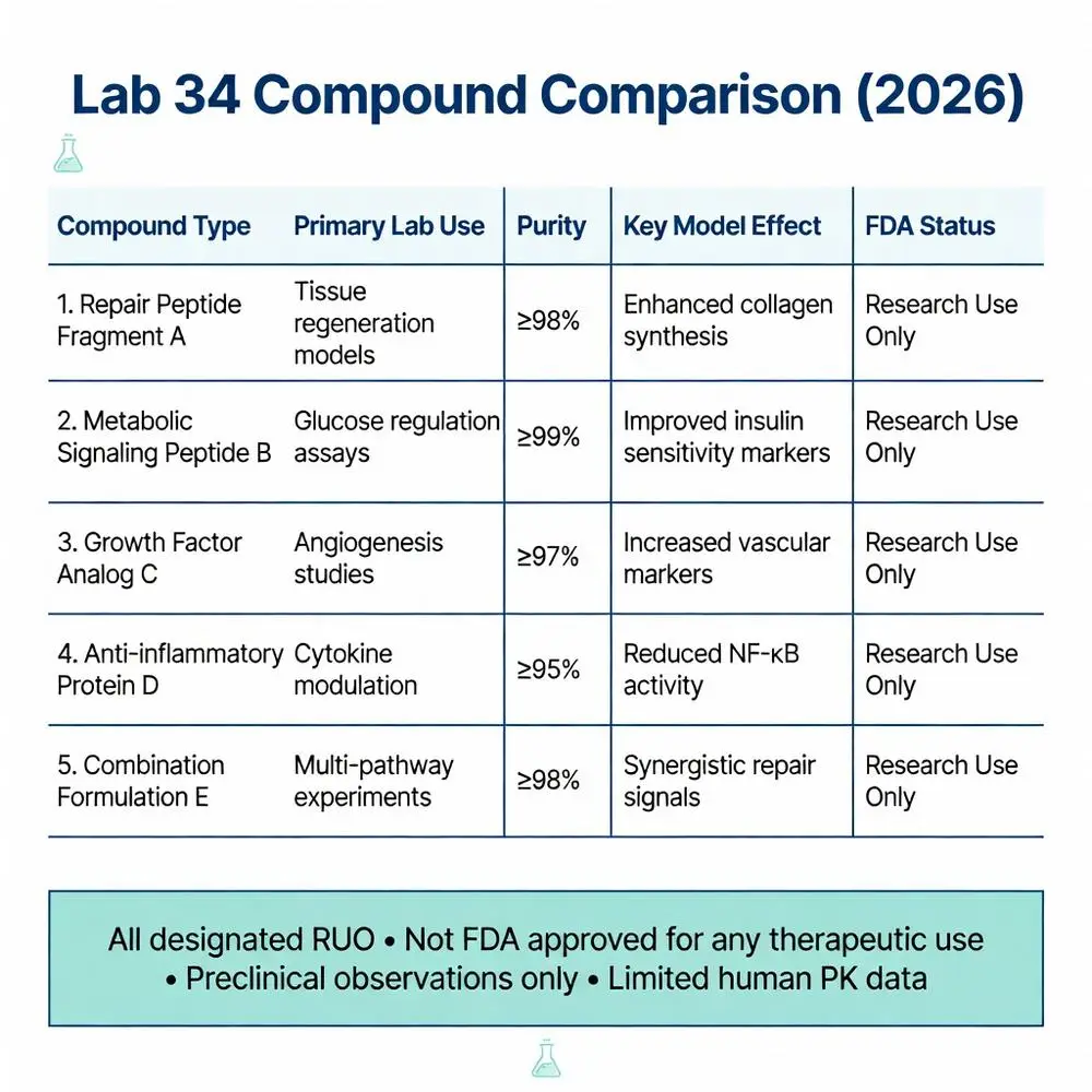 Lab 34 peptides and proteins 2026 compound comparison table showing purity levels, key model effects, primary lab uses and research-use-only FDA status for repair peptides, metabolic signaling peptides, growth factors and anti-inflammatory proteins