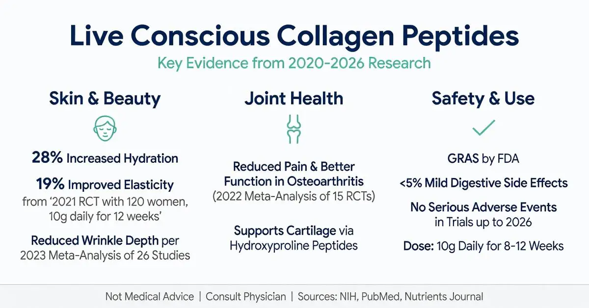 Live Conscious Collagen Peptides infographic summarizing 2020-2026 clinical research on 28% increased skin hydration, 19% improved elasticity, reduced osteoarthritis pain, cartilage support via hydroxyproline peptides, FDA GRAS safety, and 10g daily dosage