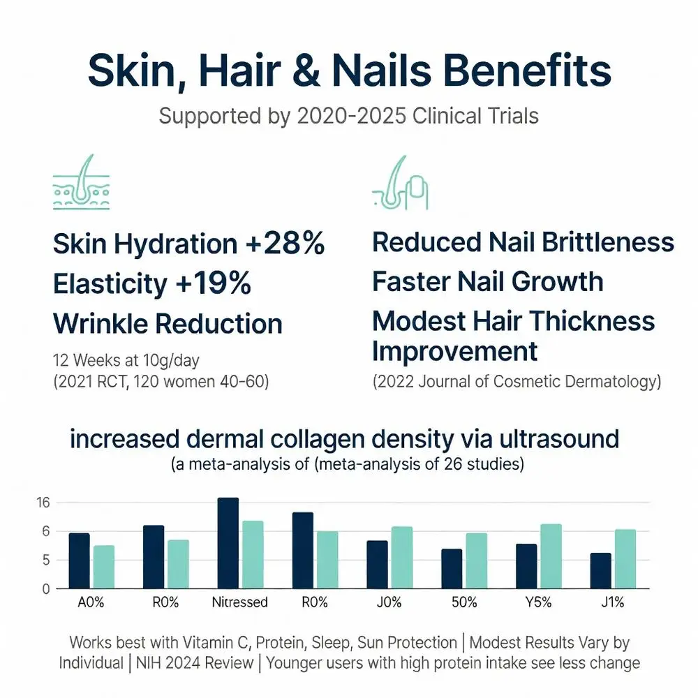 Live Conscious Collagen Peptides clinical trial infographic showing 28% skin hydration increase, 19% elasticity boost, wrinkle reduction, reduced nail brittleness, faster nail growth, modest hair thickness improvement and meta-analysis of increased dermal collagen density via ultrasound