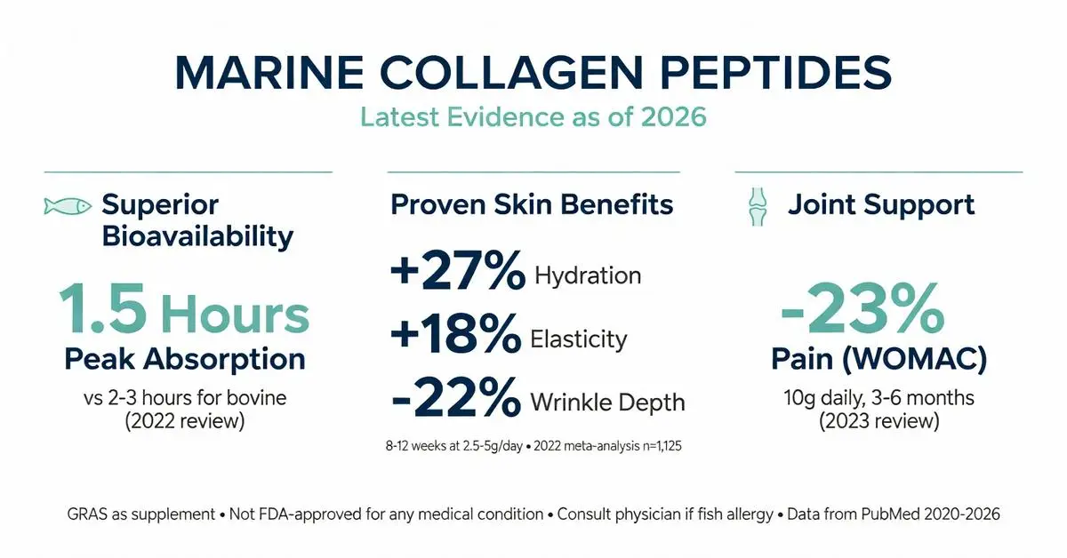 Marine collagen peptides infographic 2026: 1.5-hour peak absorption, +27% skin hydration, +18% elasticity, -22% wrinkle depth, and -23% joint pain reduction