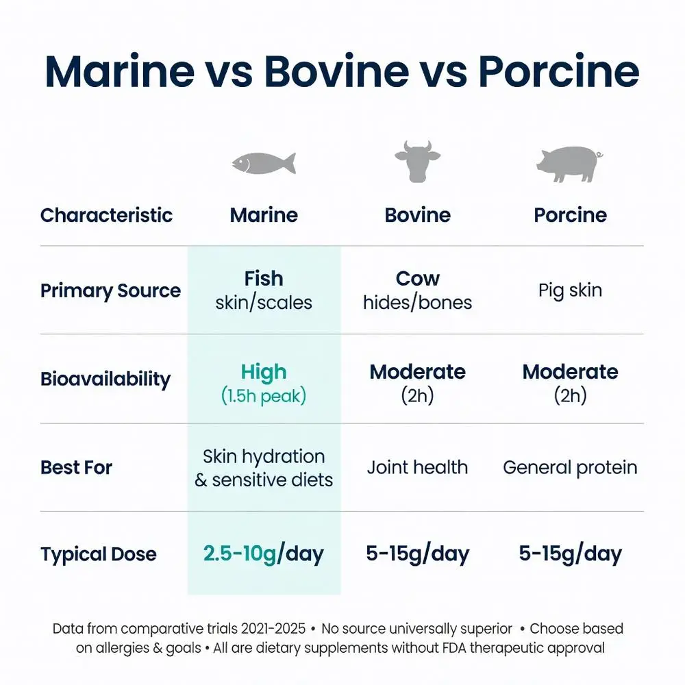 Marine collagen peptides vs bovine vs porcine collagen comparison chart: bioavailability, sources, benefits, dosage, and best uses