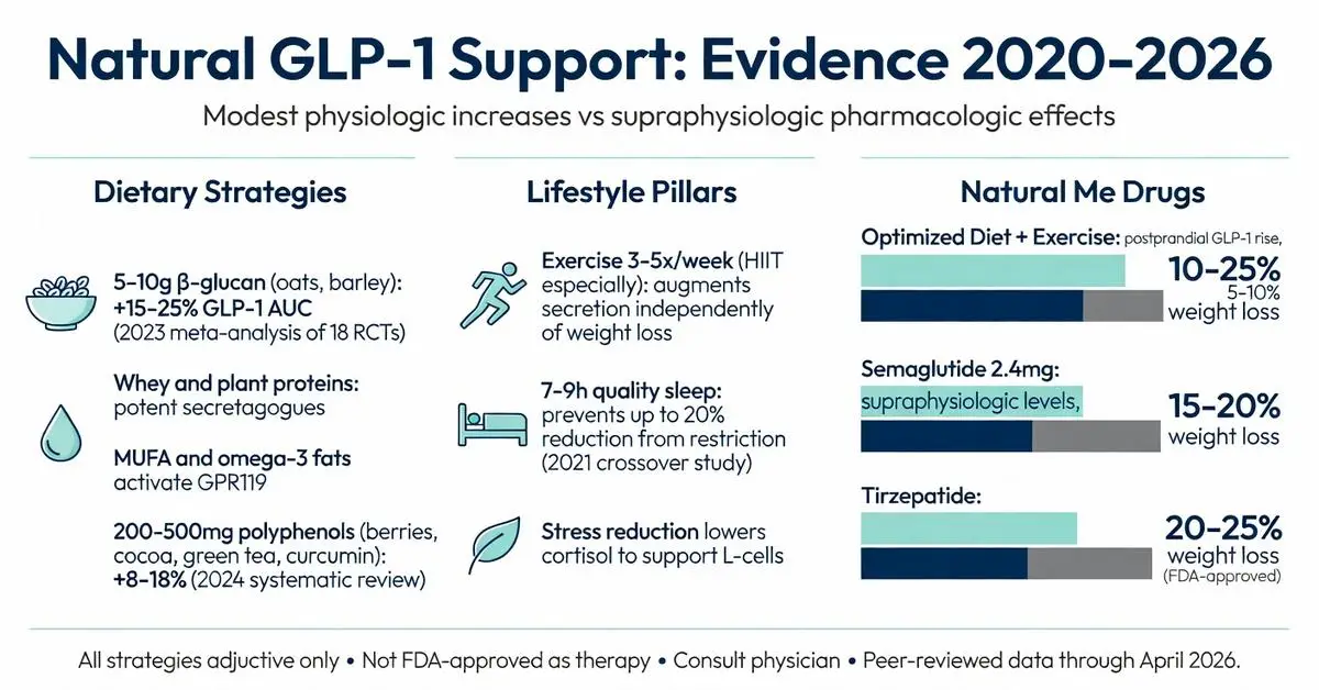 Natural glucagon like peptide 1 support infographic 2020-2026 showing dietary strategies, lifestyle pillars and comparisons to semaglutide tirzepatide for modest physiologic GLP-1 increases versus pharmacologic weight loss