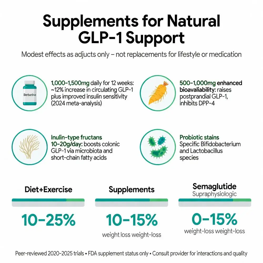 Infographic on supplements for natural glucagon like peptide 1 support including berberine, inulin-type fructans, probiotics and weight loss comparisons to diet exercise and semaglutide