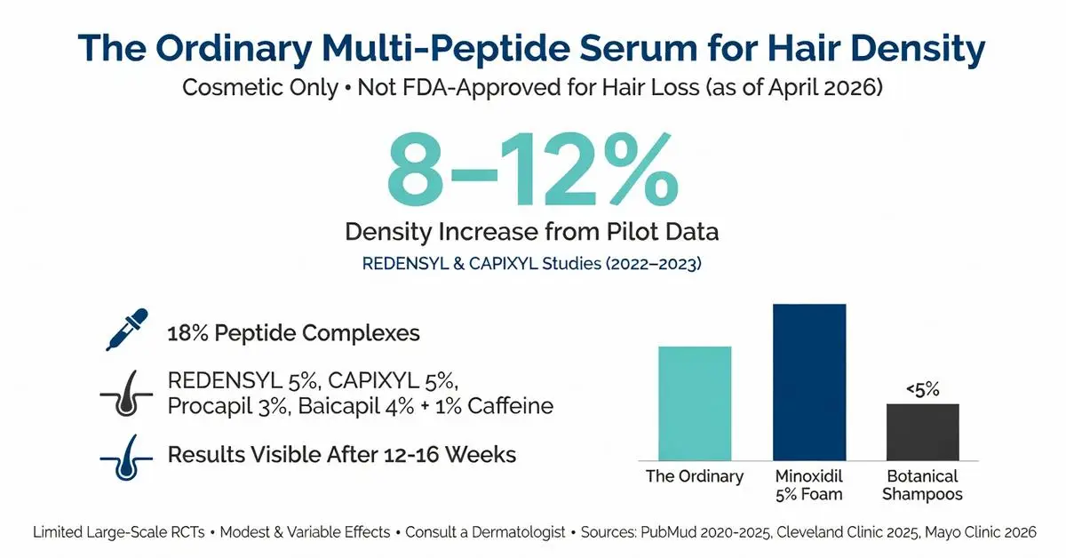 The Ordinary Multi-Peptide Serum for Hair Density infographic showing 8-12% hair density increase from REDENSYL and CAPIXYL pilot studies, 18% peptide complex ingredients, 12-16 week results timeline, and bar chart comparison vs Minoxidil 5% Foam and botanical shampoos