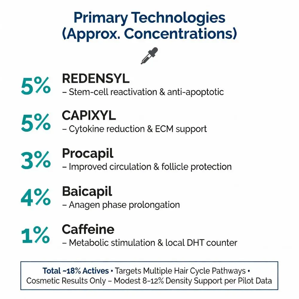 The Ordinary Multi-Peptide Serum for Hair Density primary technologies infographic showing exact concentrations of 5% Redensyl, 5% Capixyl, 3% Procapil, 4% Baicapil and 1% Caffeine