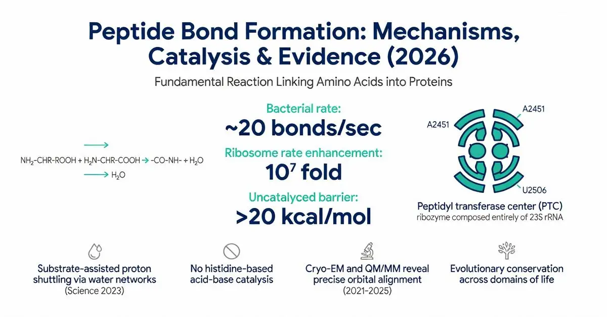 Peptide bond formation mechanism diagram showing ribosomal catalysis by peptidyl transferase center (PTC), 10^7 fold rate enhancement, substrate-assisted proton shuttling, and 2023-2026 scientific evidence