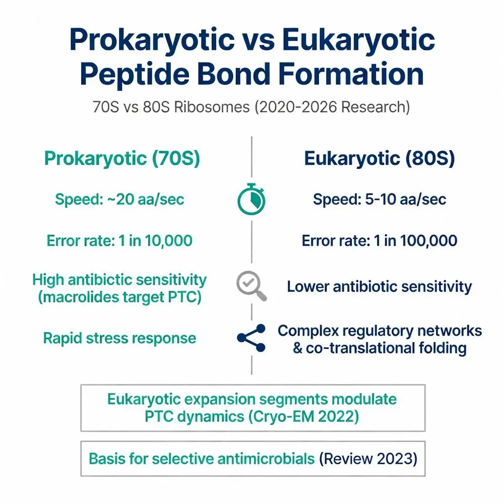 Prokaryotic vs Eukaryotic peptide bond formation infographic comparing 70S vs 80S ribosomes including speed, error rate, antibiotic sensitivity, and 2022 Cryo-EM research