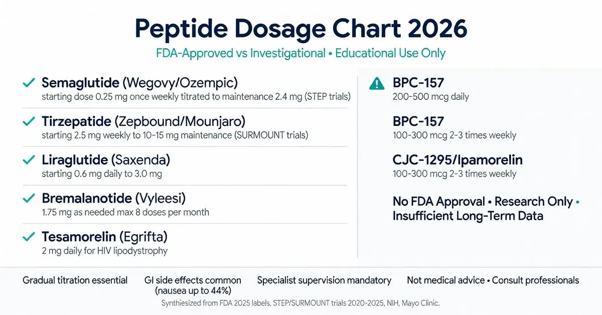 Peptide dosage chart 2026 comparing FDA-approved peptides like Semaglutide (Wegovy/Ozempic), Tirzepatide (Zepbound/Mounjaro) with investigational peptides including BPC-157 and CJC-1295/Ipamorelin dosages