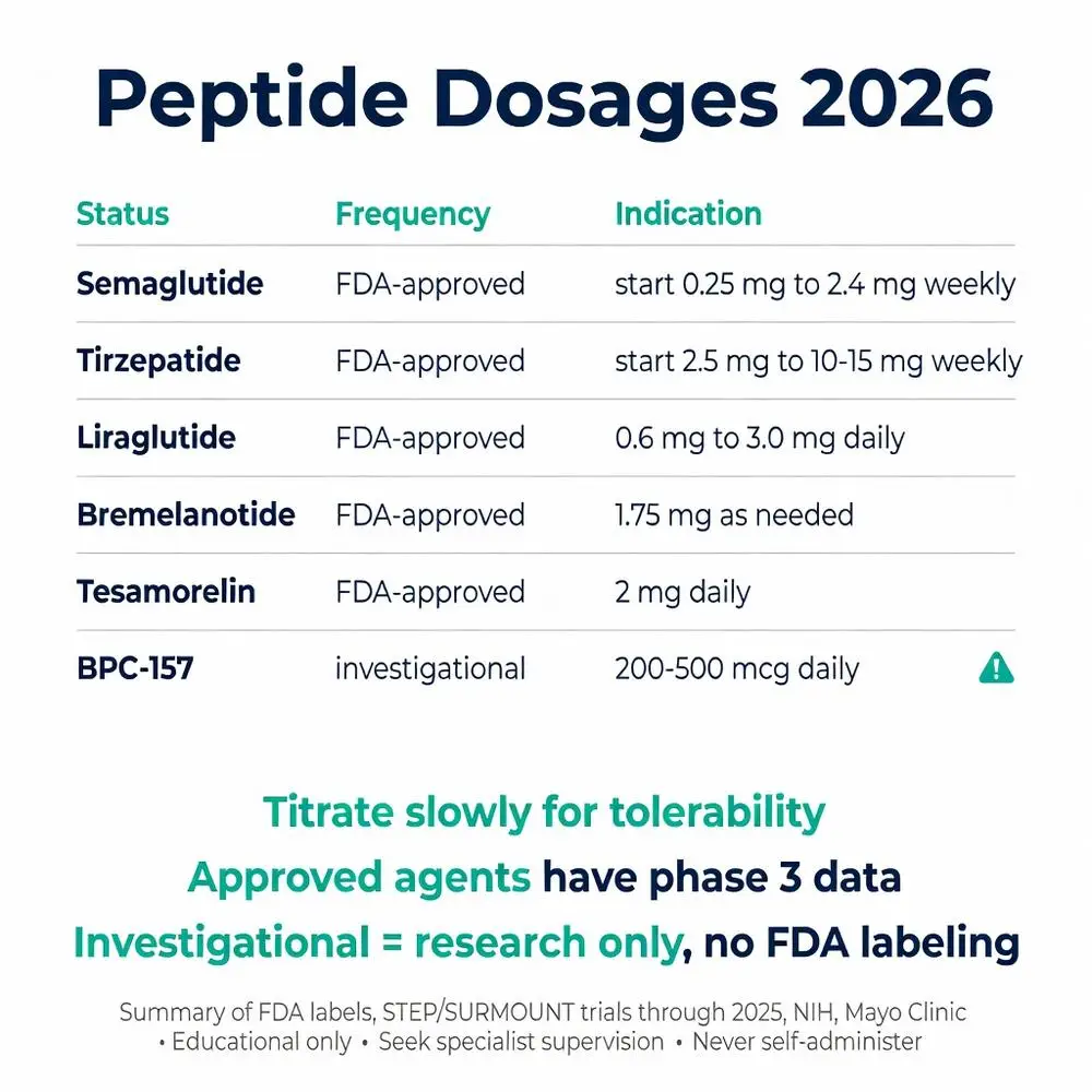 Peptide dosage chart 2026 showing FDA-approved semaglutide, tirzepatide, liraglutide dosages plus investigational BPC-157