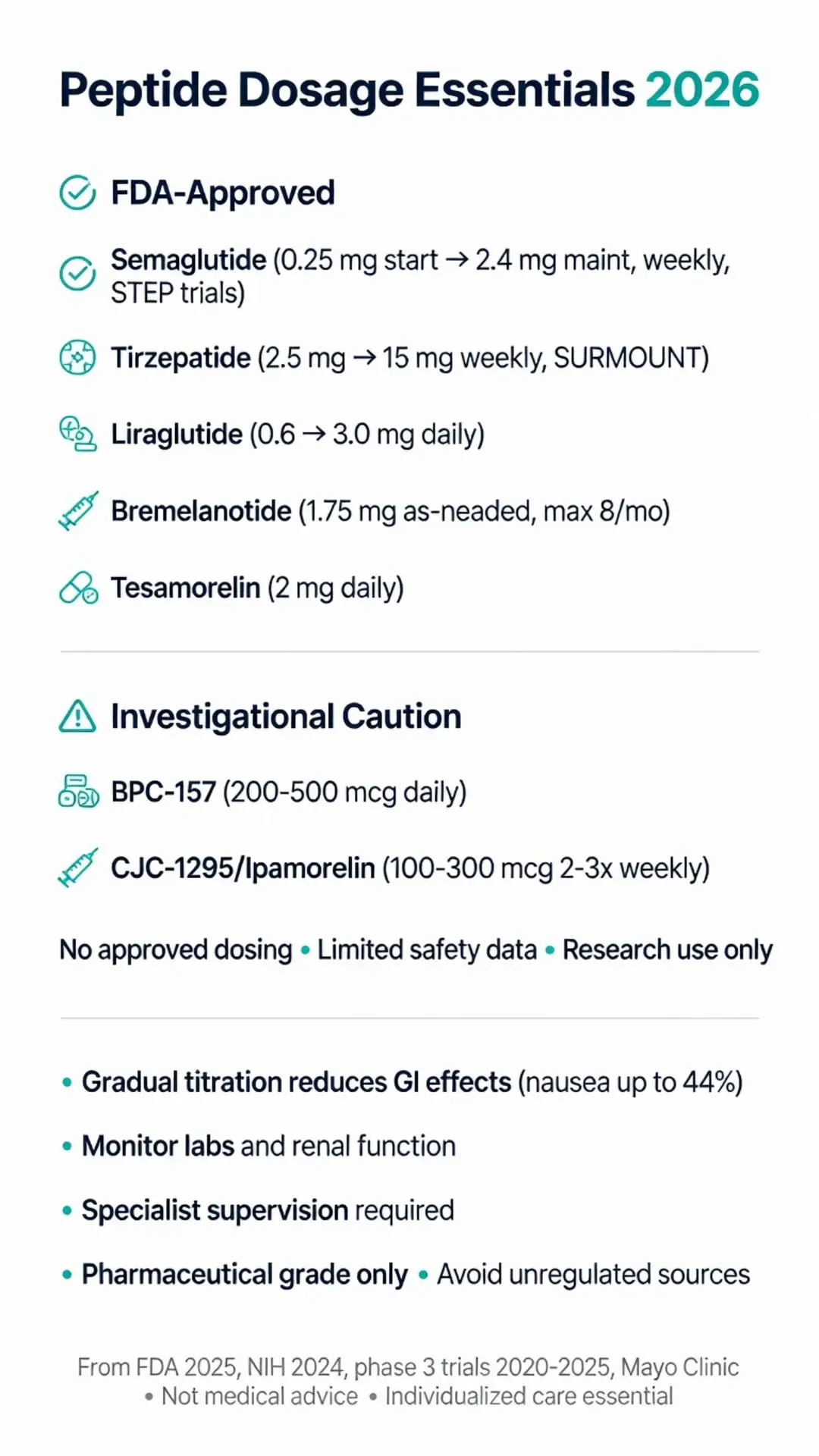 Peptide dosage chart 2026 showing FDA-approved semaglutide, tirzepatide, liraglutide dosages plus investigational BPC-157 and CJC-1295 with titration guidelines and safety notes