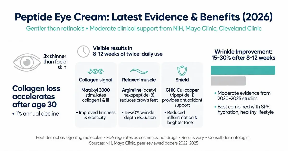 Peptide eye cream infographic 2026: latest evidence, benefits, 15-30% wrinkle improvement, Matrixyl 3000, Argireline, GHK-Cu, collagen boost after age 30