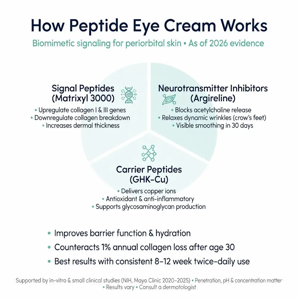 Infographic explaining how peptide eye cream works with Matrixyl 3000 signal peptides, Argireline neurotransmitter inhibitors, and GHK-Cu carrier peptides to boost collagen, relax crow's feet, and improve periorbital skin as of 2026