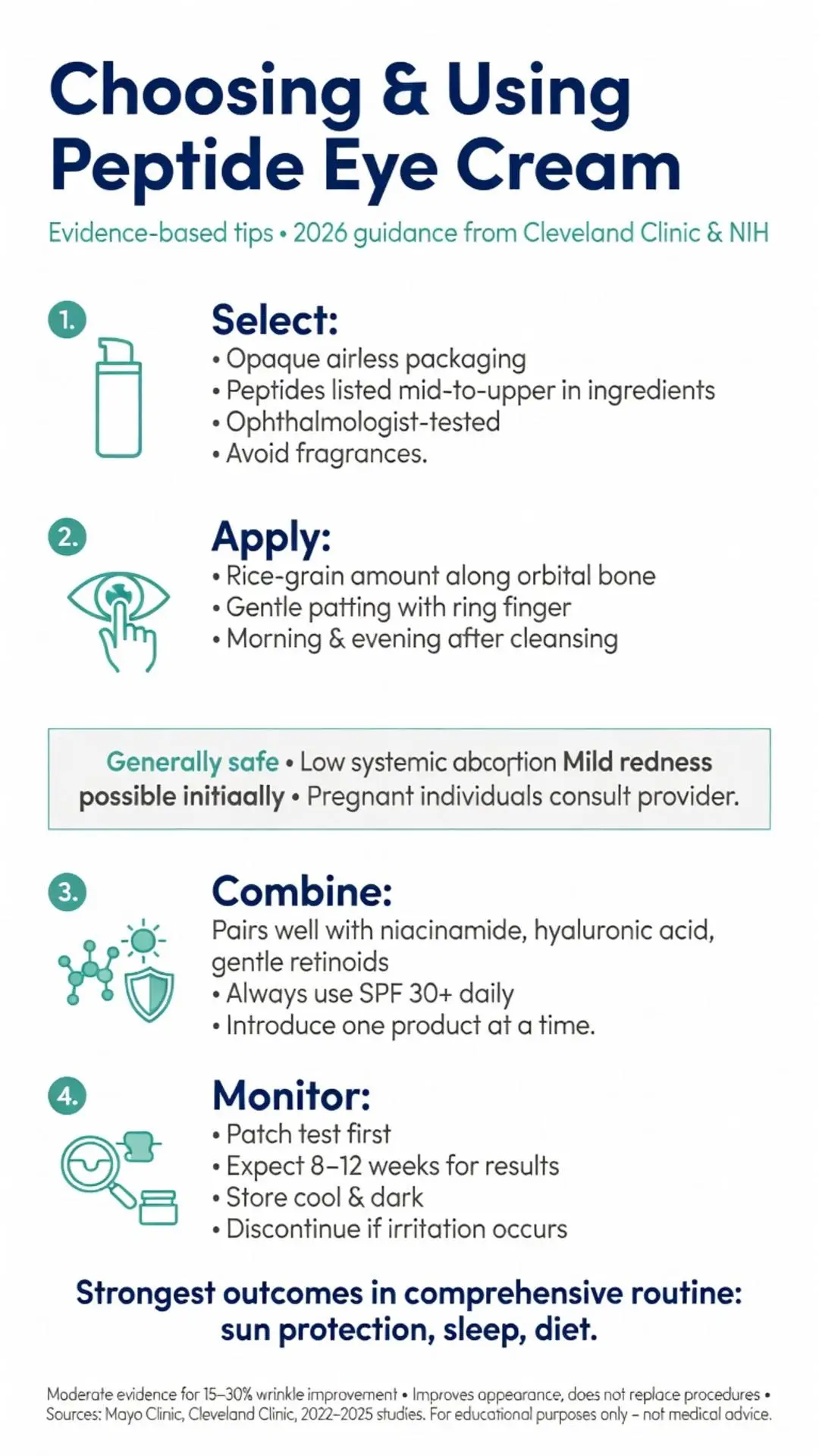 Infographic guide to choosing and using peptide eye cream with evidence-based tips from Cleveland Clinic and NIH including selection, application, combination, and monitoring steps