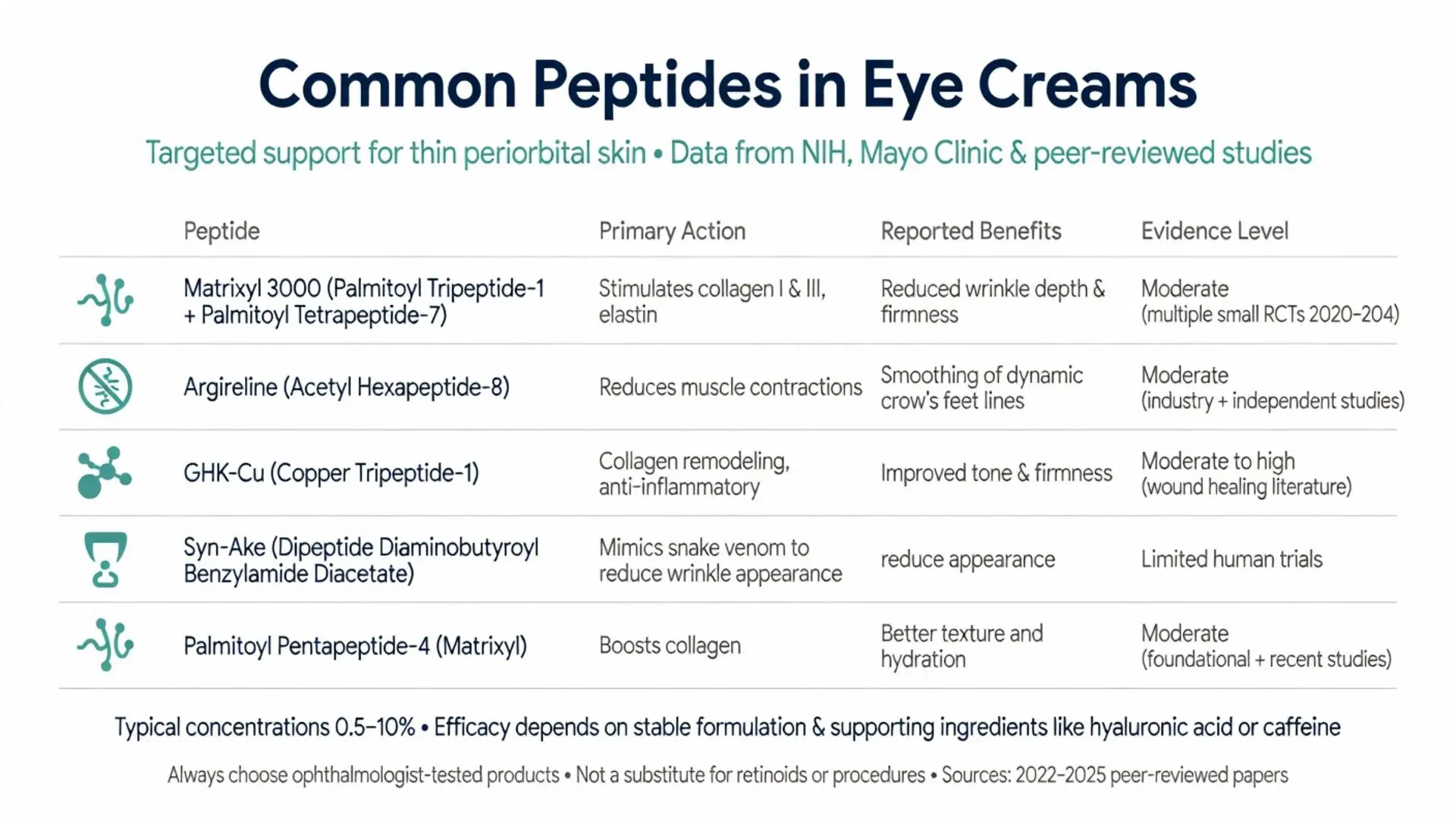 Infographic chart of common peptides in peptide eye cream including Matrixyl 3000, Argireline, GHK-Cu, Syn-Ake showing primary actions, wrinkle reduction benefits, collagen boosting and clinical evidence levels from NIH and Mayo Clinic studies