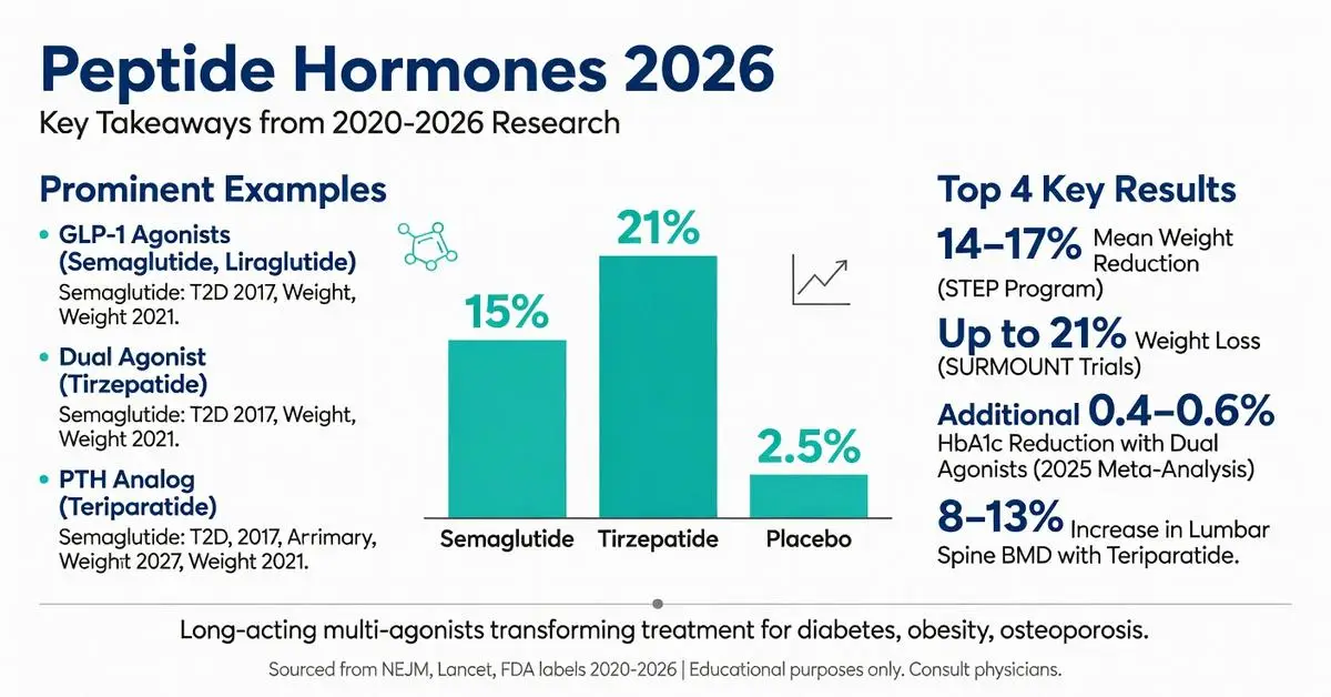 Peptide hormones 2026 infographic detailing GLP-1 agonists, dual agonists like tirzepatide and semaglutide, with 15-21% weight loss results, HbA1c reduction, and bone density benefits from 2020-2026 research