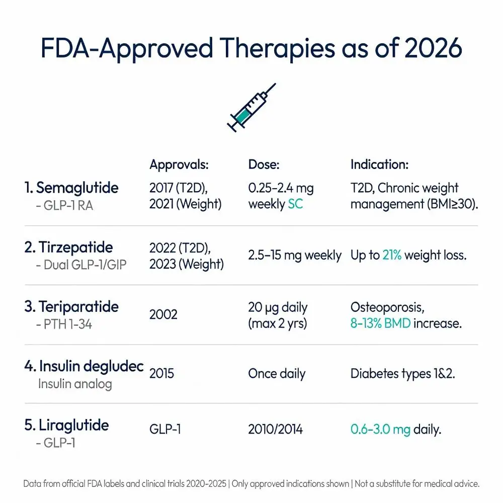 FDA-Approved peptide hormones and therapies as of 2026 infographic showing semaglutide, tirzepatide, teriparatide, insulin degludec, and liraglutide with dosing, approvals, and indications for weight loss, diabetes, and osteoporosis