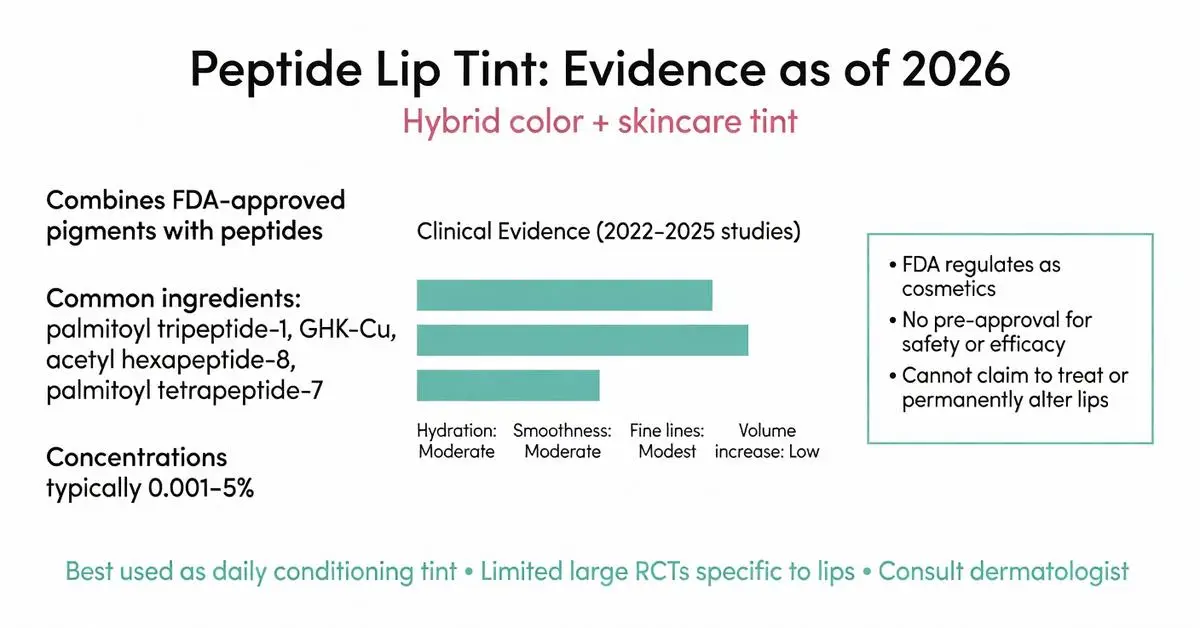 Peptide lip tint infographic 2026 evidence showing clinical results for hydration smoothness fine lines and volume using peptides like GHK-Cu and palmitoyl tripeptide-1 in hybrid color plus skincare lip tint