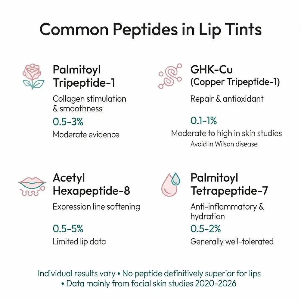 Infographic of common peptides in lip tints showing Palmitoyl Tripeptide-1, GHK-Cu, Acetyl Hexapeptide-8 and Palmitoyl Tetrapeptide-7 benefits, percentages and evidence for peptide lip tint formulations