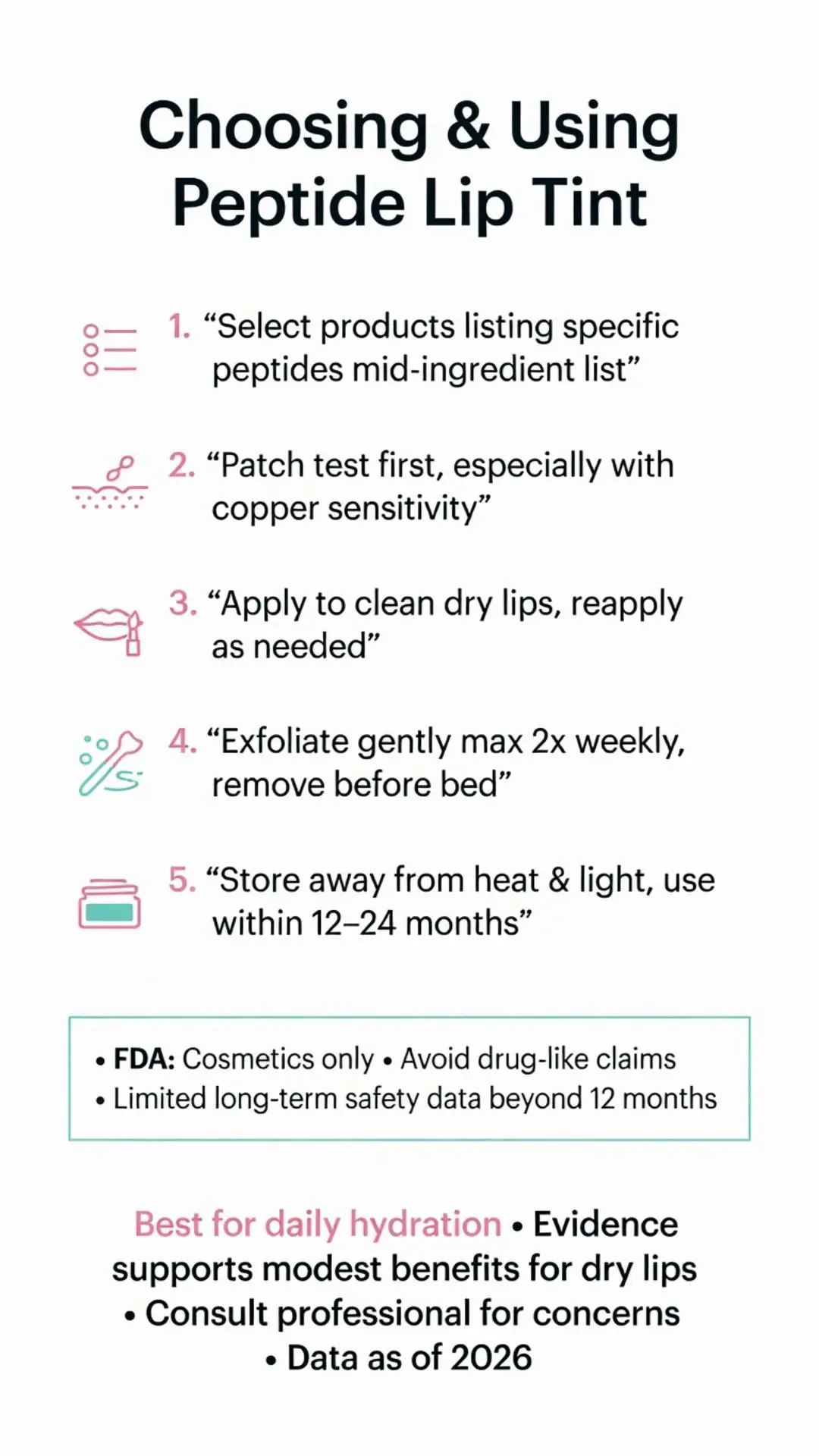 Complete guide to choosing and using peptide lip tint with 5-step instructions for safe application, patch testing, storage, and FDA guidelines for lip hydration