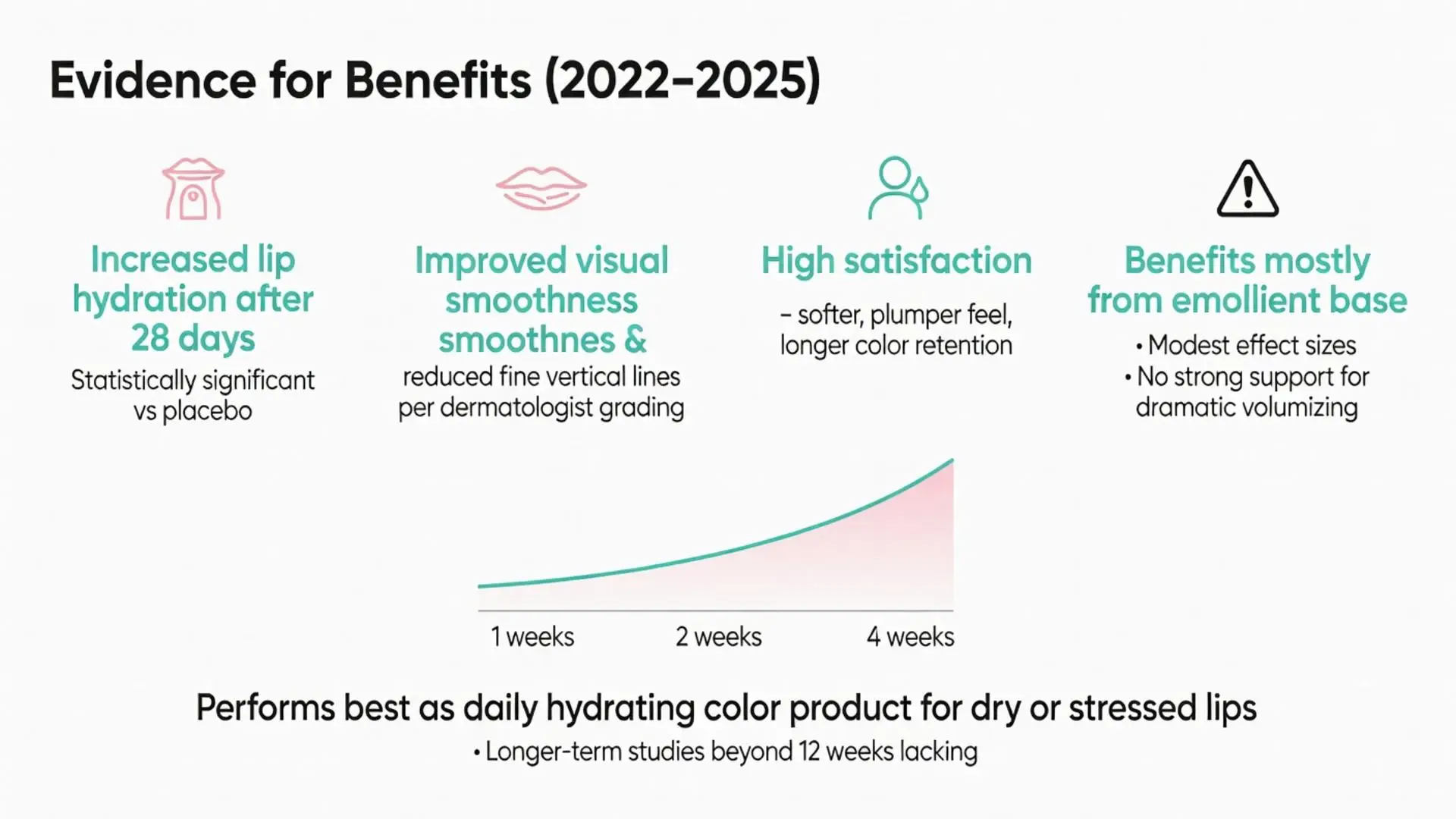 Clinical evidence for peptide lip tint benefits 2022-2025 showing increased lip hydration after 28 days, improved smoothness, reduced fine lines, high satisfaction, and 4-week results graph